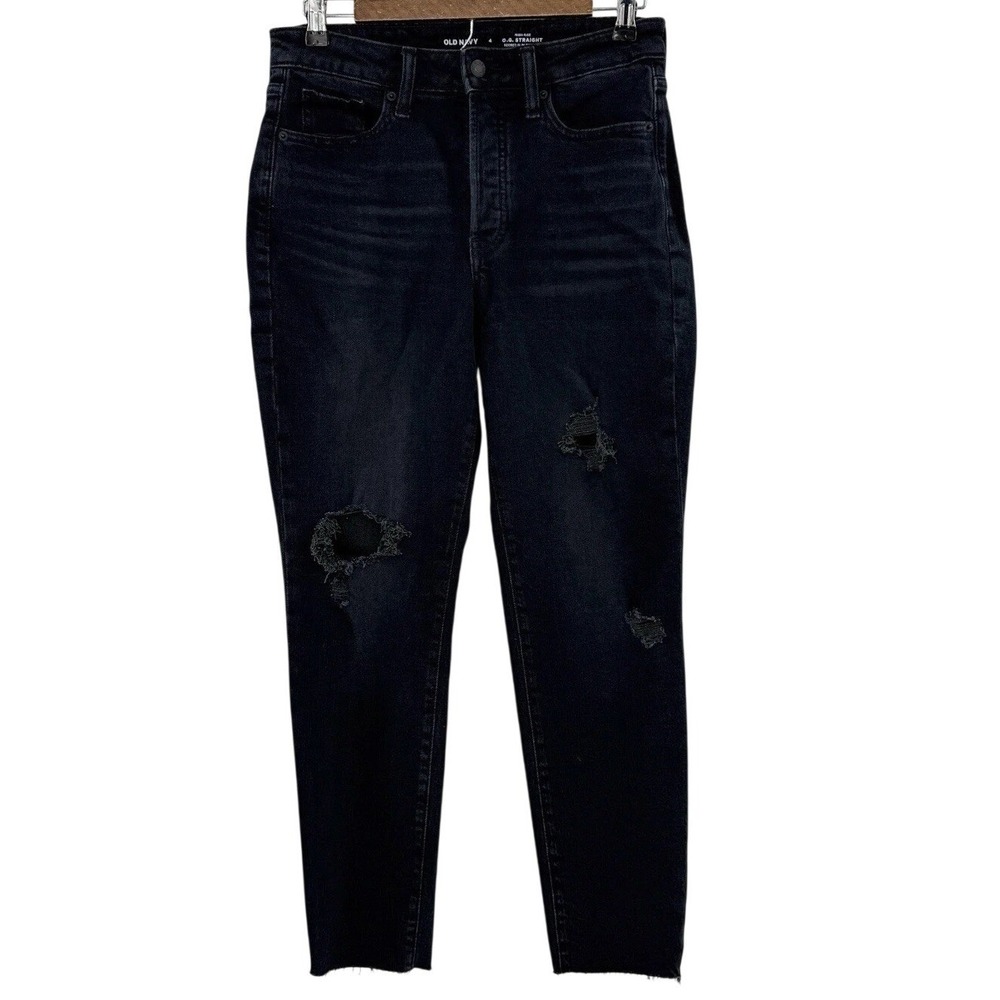 Old Navy High Rise OG Straight Jeans Black Distressed Raw Hem Size 4